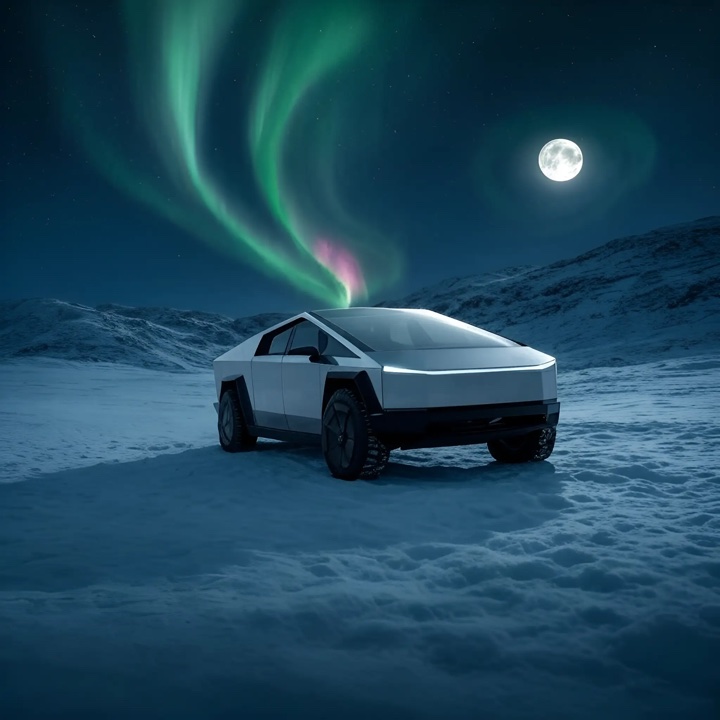 Cybertruck under an Aurora